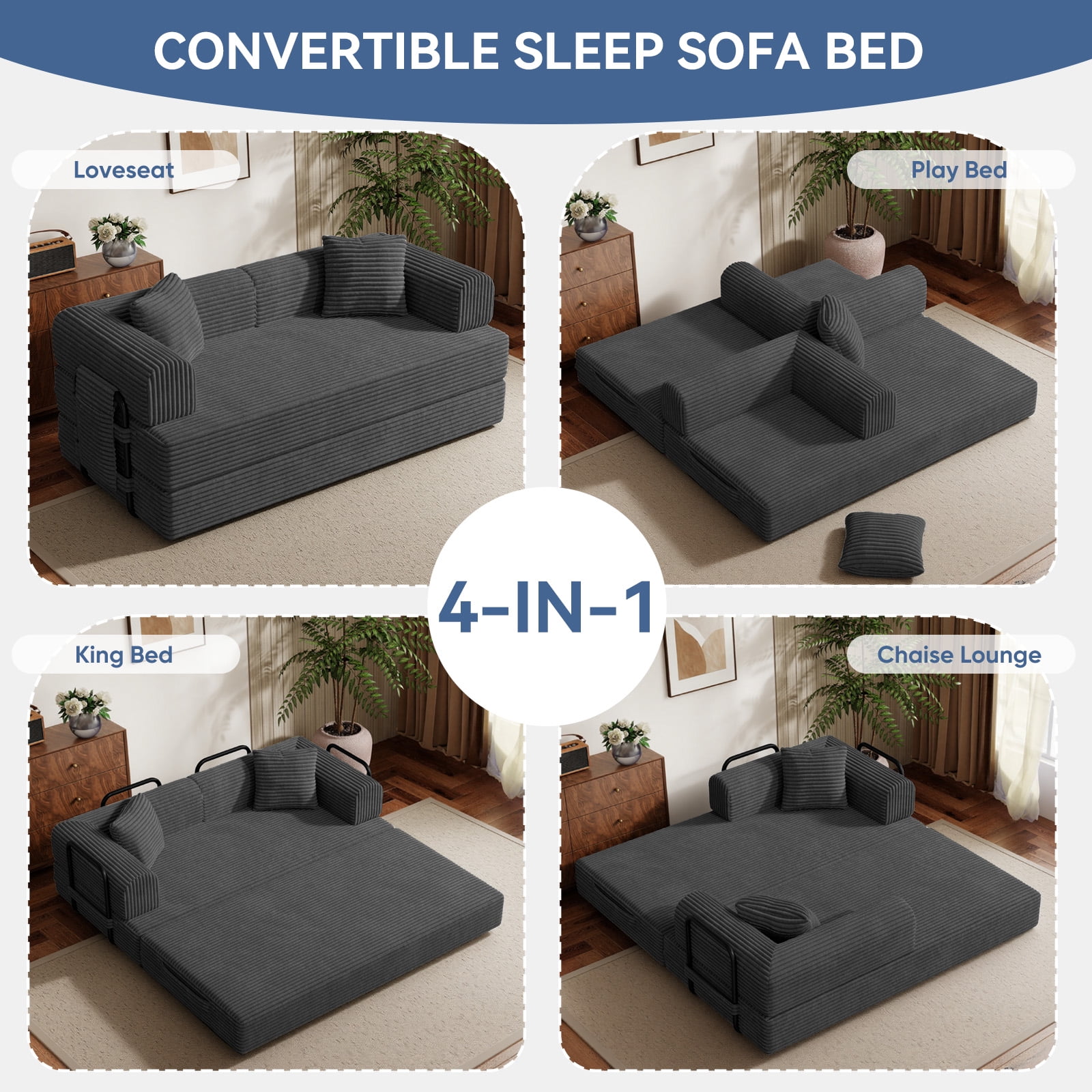 Daluvenix 4-in-1 Folding Convertible Sofa Bed 81 Inch Oversized Corduroy Upholstered Boneless Couch Loveseat Sleeper with Pull Out Bed Dark Gray