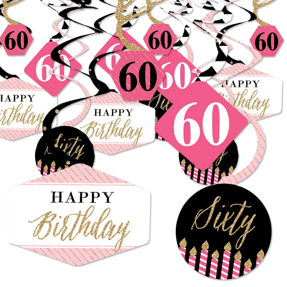 Chic 60th Birthday - Pink, Black and Gold - Birthday Party Hanging Decor - Party Decoration Swirls - Set of 40