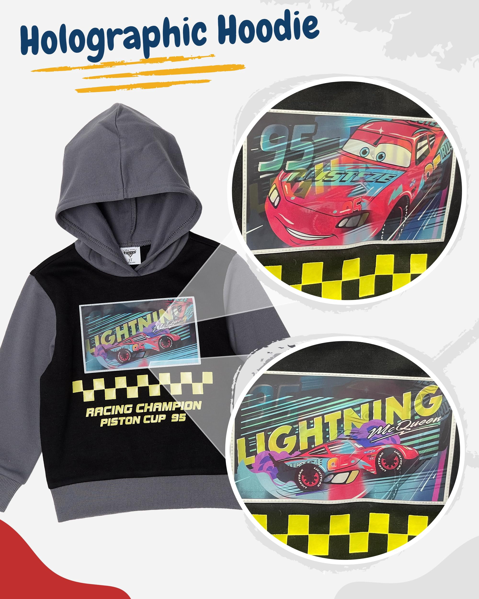 Disney Cars Lightning McQueen Toddler Boys’ Outfit Set - Two Piece Hoodie Sweatshirt with Holographic Patch & Gloss Ink Jogger Pants (Grey, 3T)