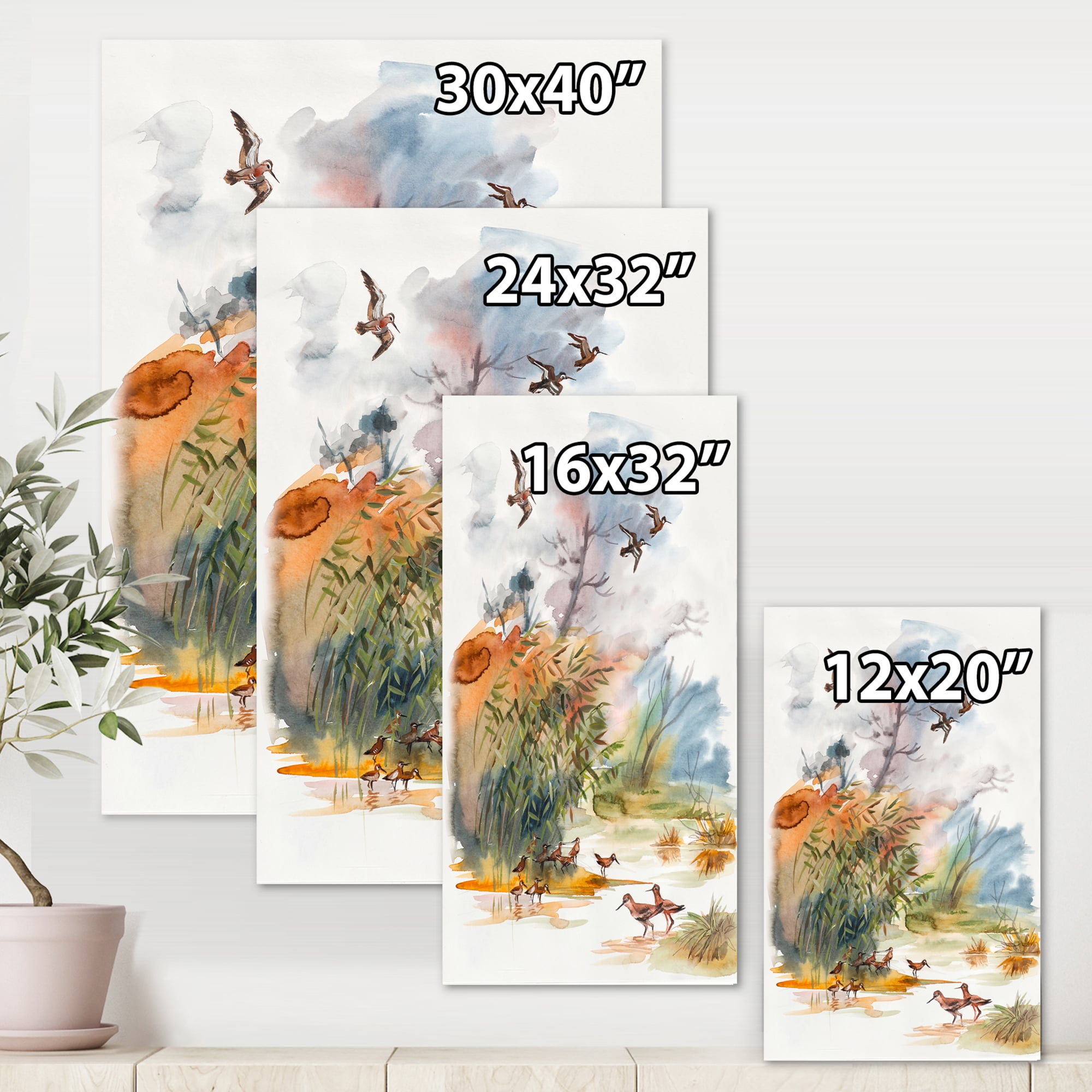 Designart ' Flying Over The Water With Autumn Landscape ' Traditional Canvas Wall Art Print