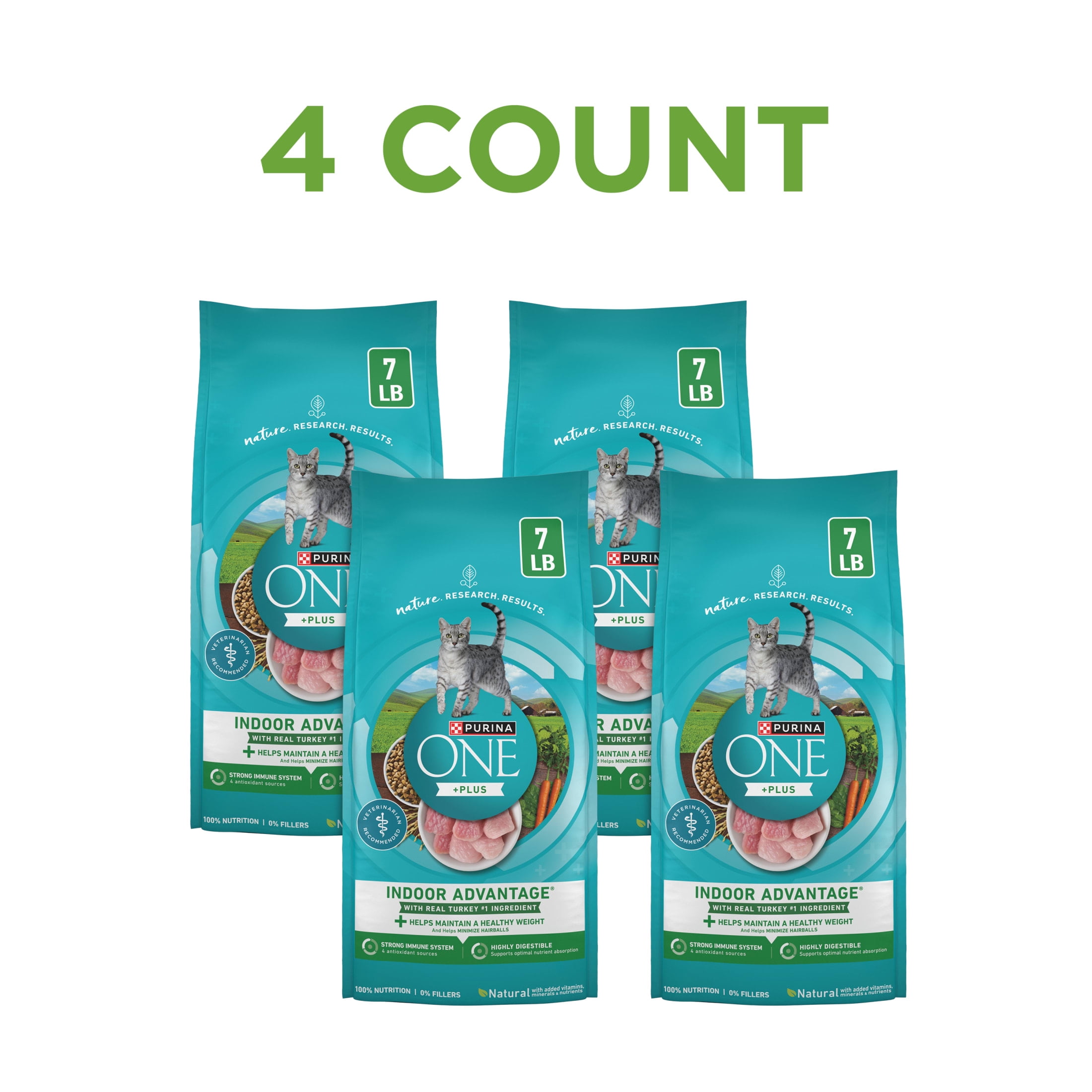 (4 pack) Purina ONE Plus, Indoor Advantage, Dry Cat Food, Turkey, 7 lb Bag, 4 Pack