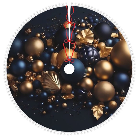 Rocae Elegant Golden Blue Ornaments for Christmas Tree Skirt with Pom Pom Trim for Holiday Party for Holiday Home Decor Indoor Outdoor-48"