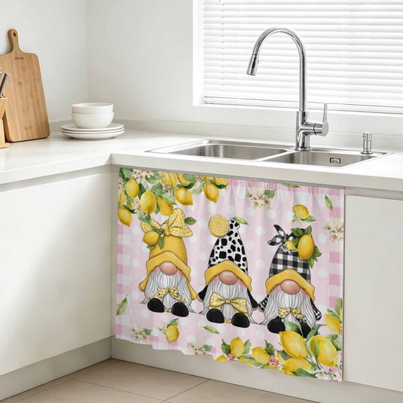 Pink Lemons Cabinet Curtains for Kitchen 10"W x 11"L, Gnomes Summer Fruit Flower Botanical Plaid Under Sink Skirt Magic Tape Short Curtain Decorative Privacy Panel for Bathroom Laundry