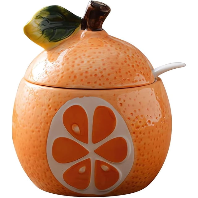 YISITIAN Fruit Shaped Ceramic Sugar Bowl with Lid and Spoon, Decorative Salt and Pepper Storage Jar for Kitchen Countertop, Creative Condiment Pot Set for Dining Table, Seasoning Container(Orange)