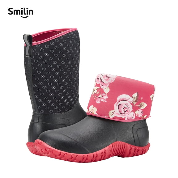 SMILIN Women's Rubber Garden Boots, Waterproof Insulated Rain Boots, Mid Height for Muck Mud Working Outdoor, Black Dot, Size 5