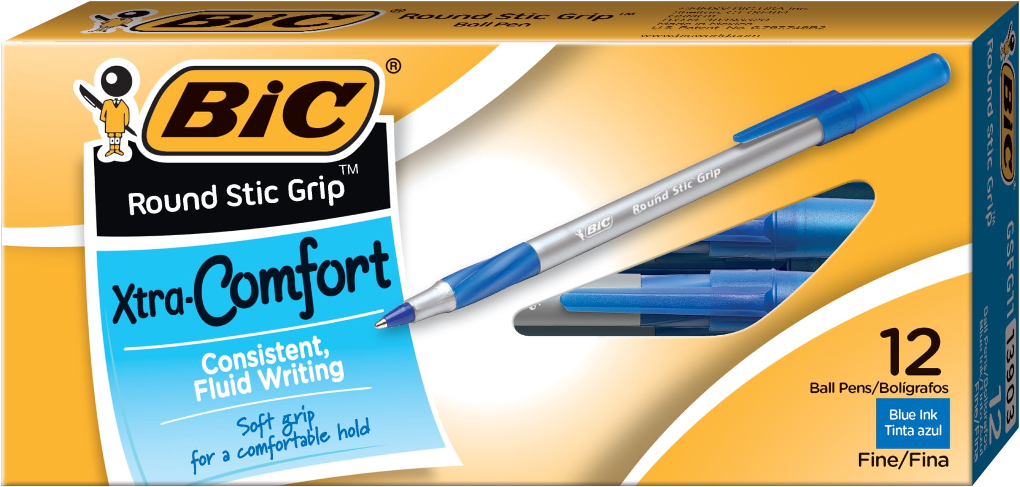 BIC Round Stic Grip Ballpoint Pen Medium Pen Point - Blue - Frost Barrel - 12 / Dozen