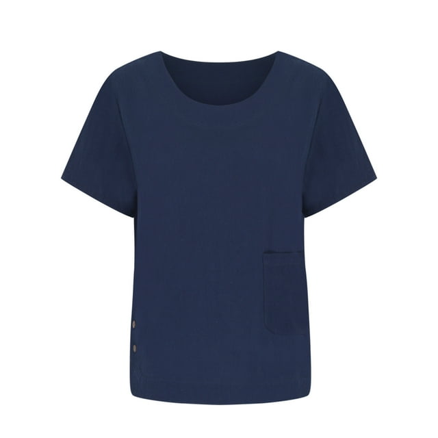 Pompotops T-shirt en Lin Décontracté Col Rond pour Femmes Manches Courtes