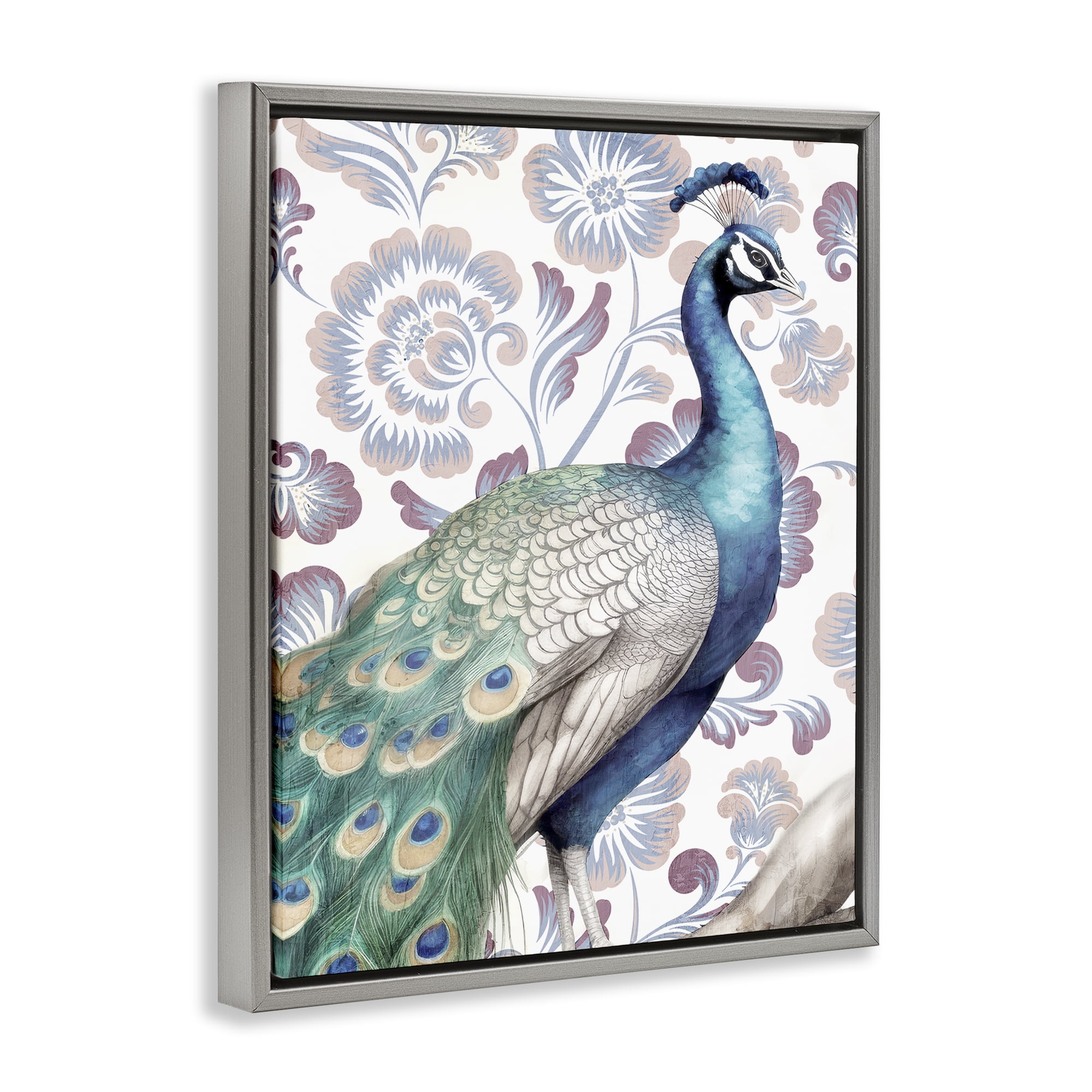 Stupell Industries Peacock on Vintage Florals Animals Painting Gray Floater Framed Canvas Art Print Wall Art, 17 x 21