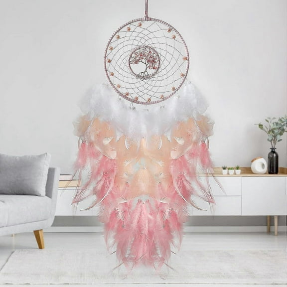 Tree of Life Dream Catcher Pink Feather Wall Decor Featuring Natural Healing Crystal Stone Perfect Handmade Home Decor and Bedroom Decor