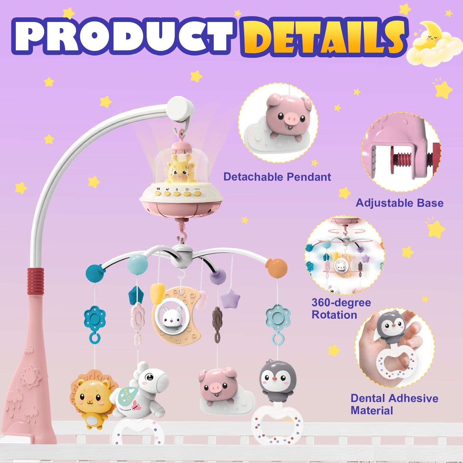 Sunforu Remote Control Crib Mobile with Music & Rotating Star Light Projector, Detachable Hanging Animal Toys for Newborn Baby Girls & Boys Nursery Decor
