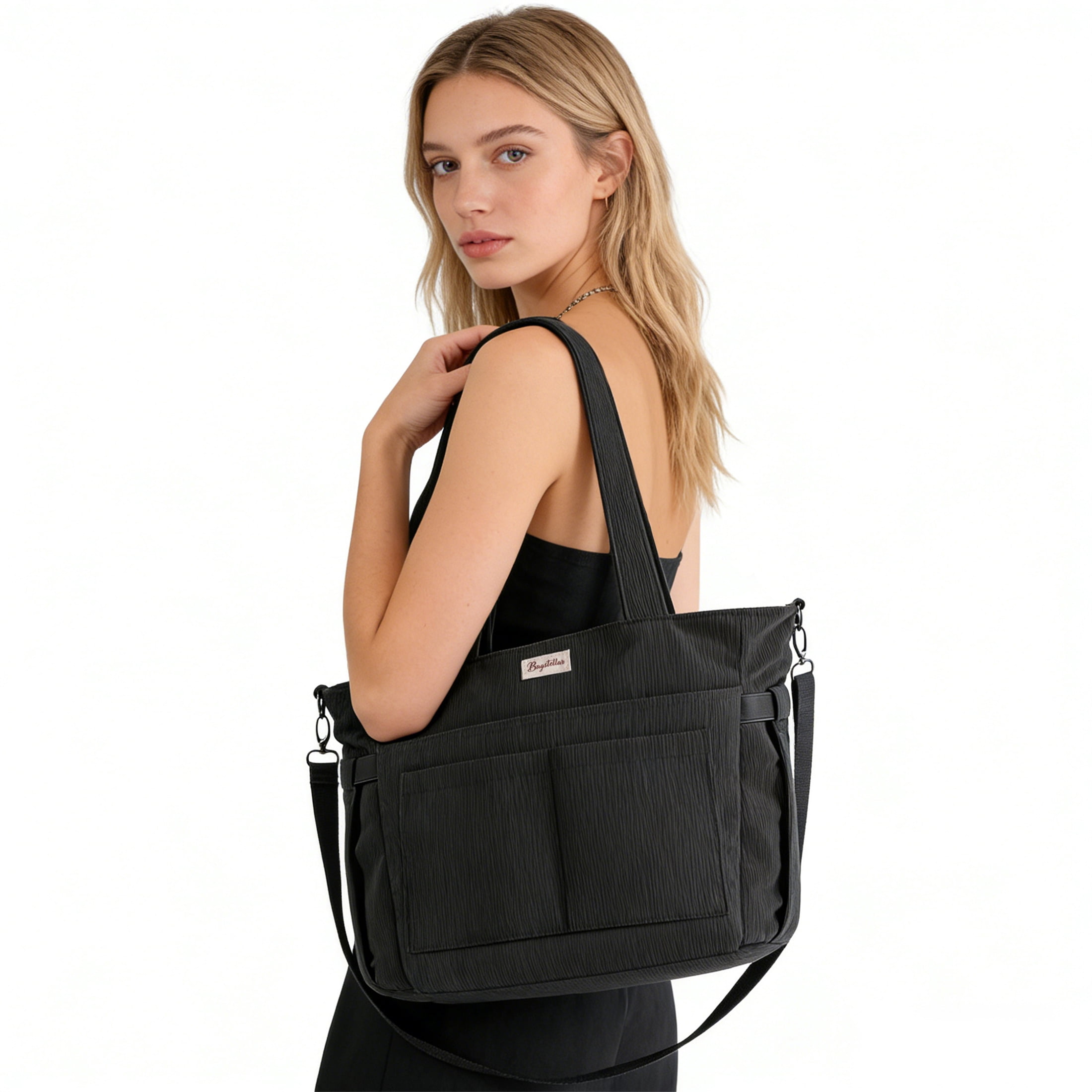 Corduroy Tote Bag for Women, Lightweight Work Laptop Tote Purse With 17 Pockets, Crossbody Shoulder Handbag for School Work Travel Gym, Black