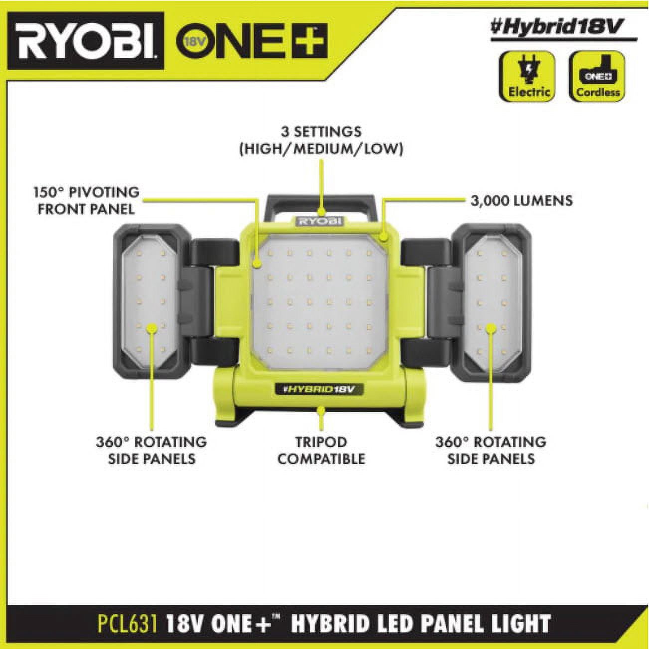 RYOBI Cordless ONE+ 18V 3,000 Lumens Hybrid LED Panel Light 3-Settings Bare Tool