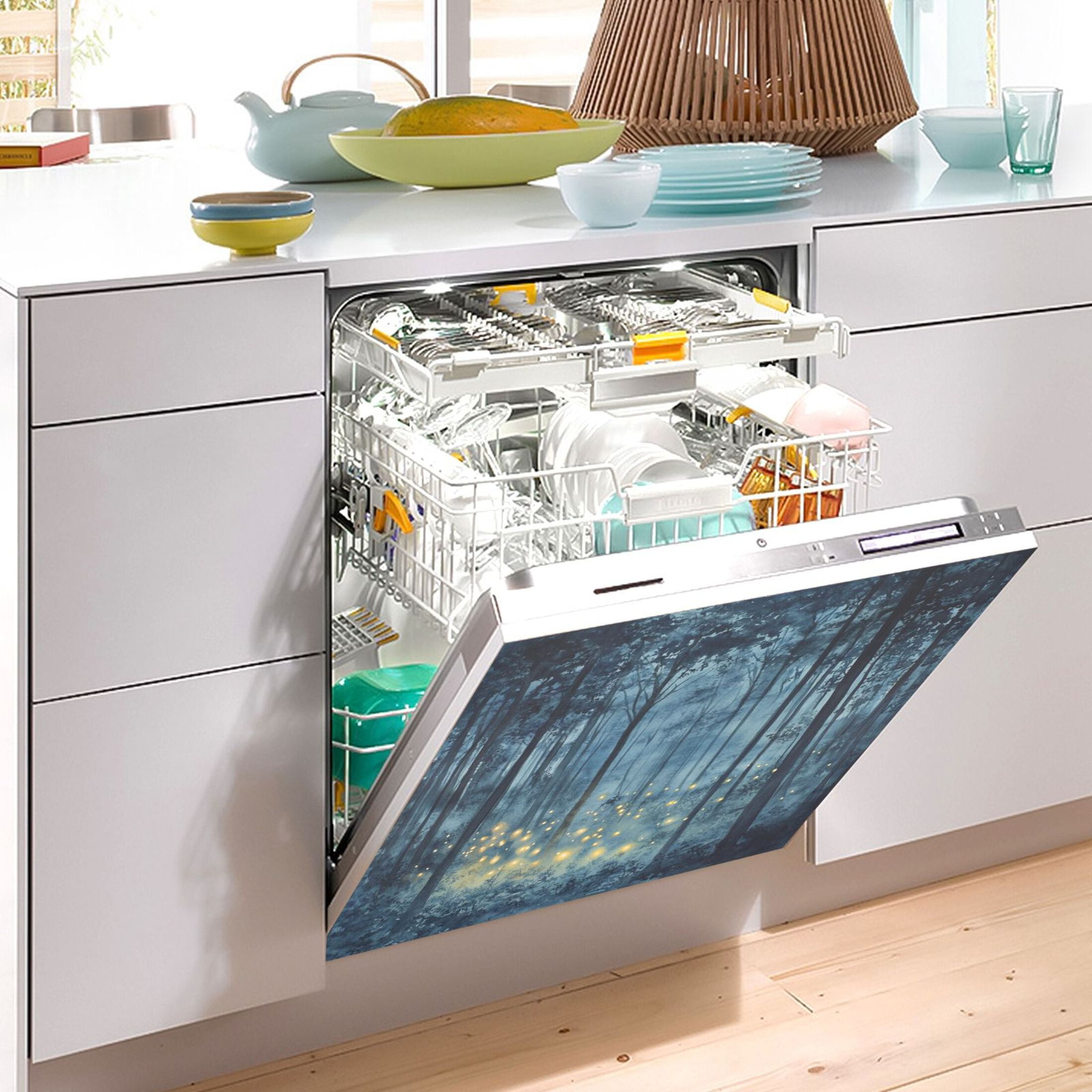 Dishwasher Magnetic Sticker 23x26 Inch Refrigerator Magnetic Sticker Washing Machine Magnetic Sticker Kitchen Panel Magnetic Sticker Home Decor Blue Firefly Forest