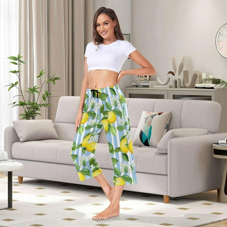 Yellow Lemon Stripe Womens Pajama Pants Comfy Capri Lounge Pants Casual Sweatpants Walmart