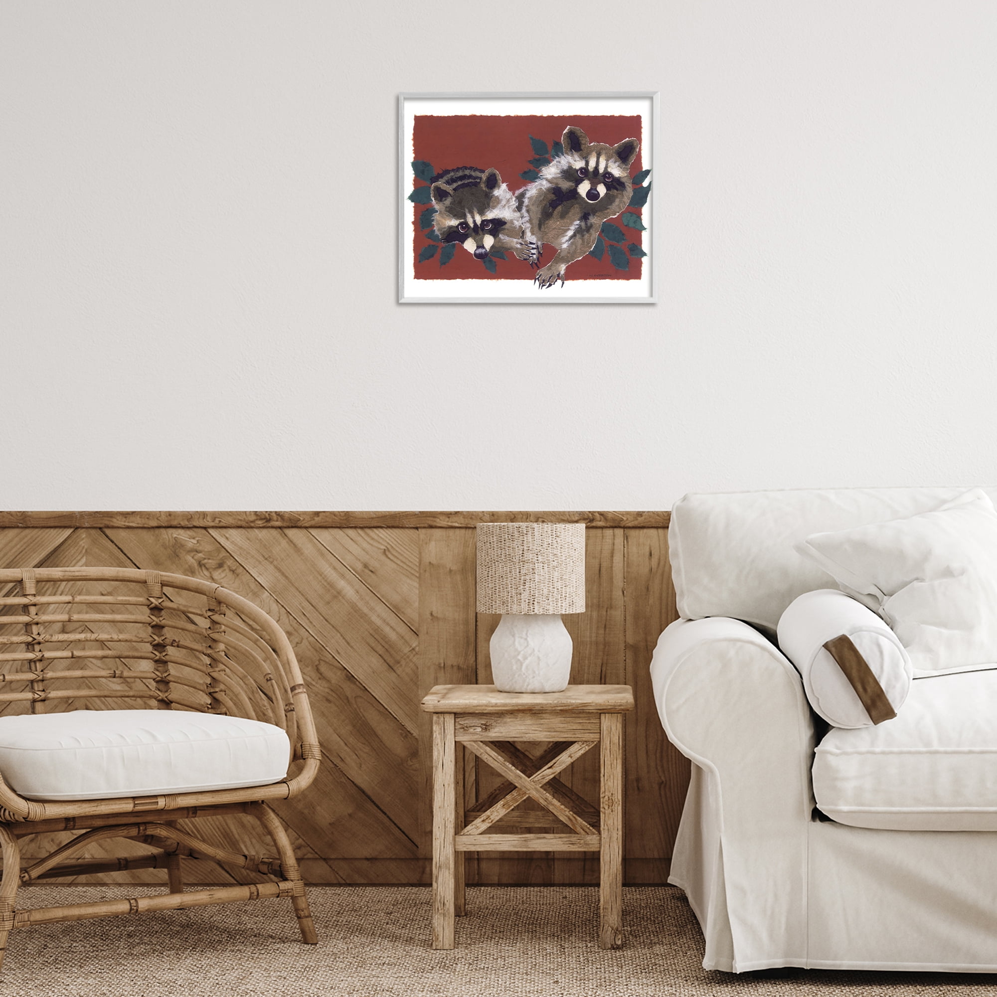 Stupell Industries Two Raccoons & Leaves Animals & Insects Painting White Framed Art Print Wall Art, 20 x 16