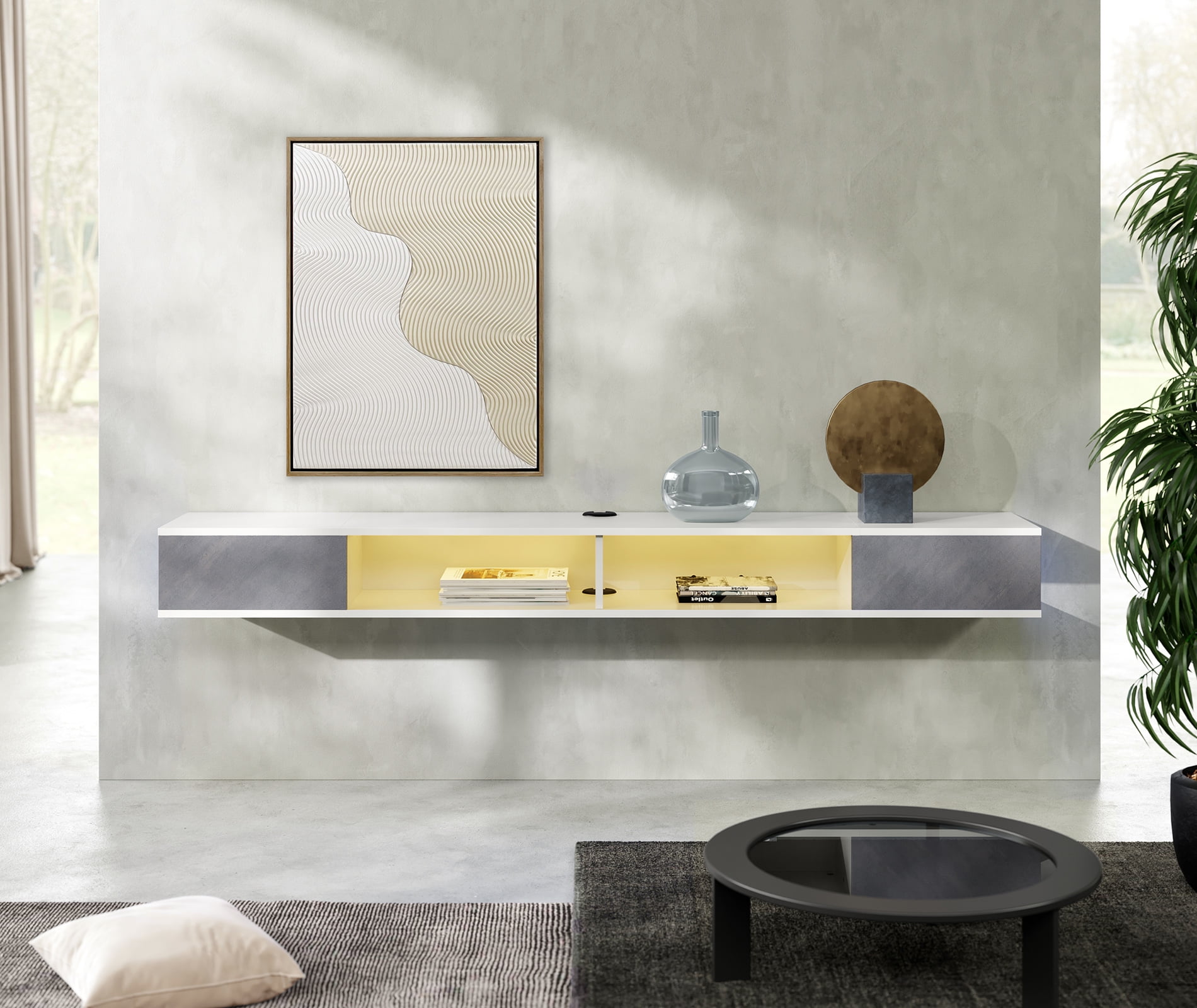 70in TV Stand Yellow Lights, Entertainment Center Media Console, Wall Mounted Shelf Media