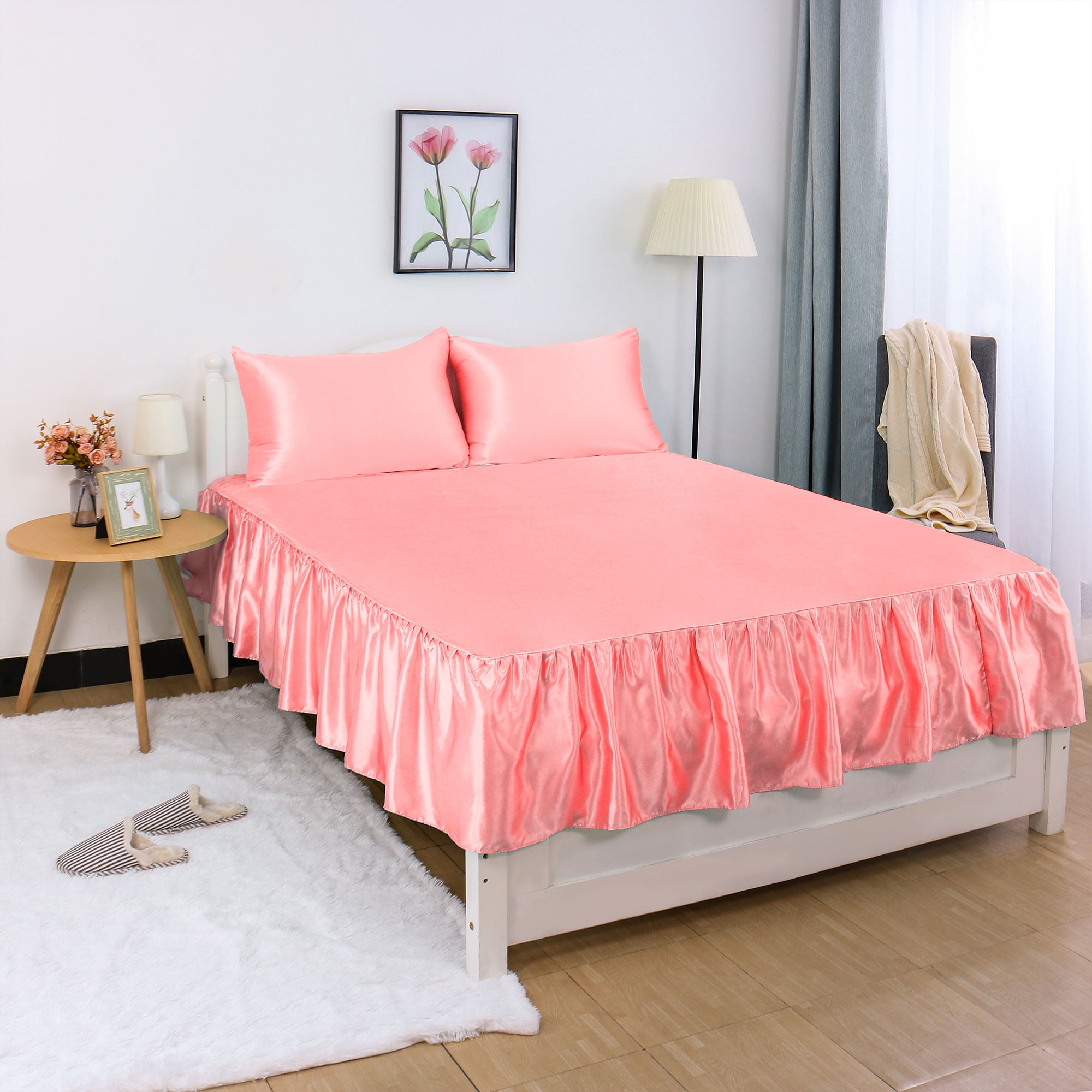 14 Drop sourcing map Satin Silk Bed Skirt 300 Thread-Count Dust Ruffle Wrinkle Free Bedskirt Dust Ruffle Easy to Put on Coral Pink Queen 
