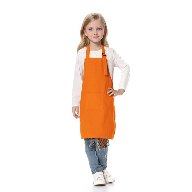 TOPTIE Kids Aprons with Pocket & Adjustable Strap, Child Chef Bib Apron for Kitchen Cooking Baking Painting-Orange-M