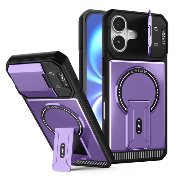 Magnetic For iPhone 17 Case Rugged, [Built in Hidden Kickstand] [Compatible with Magsafe] [Military Drop Protection] Camera Lens Cover Shockproof Heavy Duty Phone Case,Purple