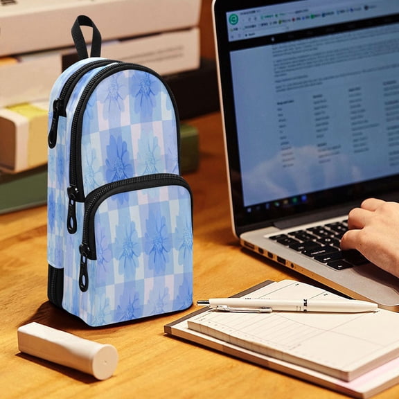 Backpack Pencil Case, 3 Compartment Large Capacity Oxford Fabric Pencil Pouch / Cute Blue Gingham Flowers