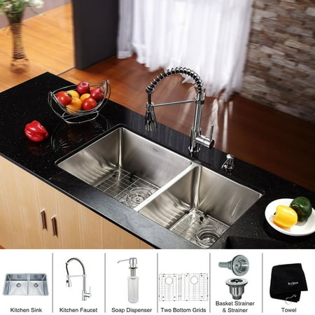 Kraus 33 Inch Undermount Double Bowl 16 Gauge Stainless Steel Kitchen Sink With Commercial Style Kitchen Faucet Soap Dispenser In Chrome