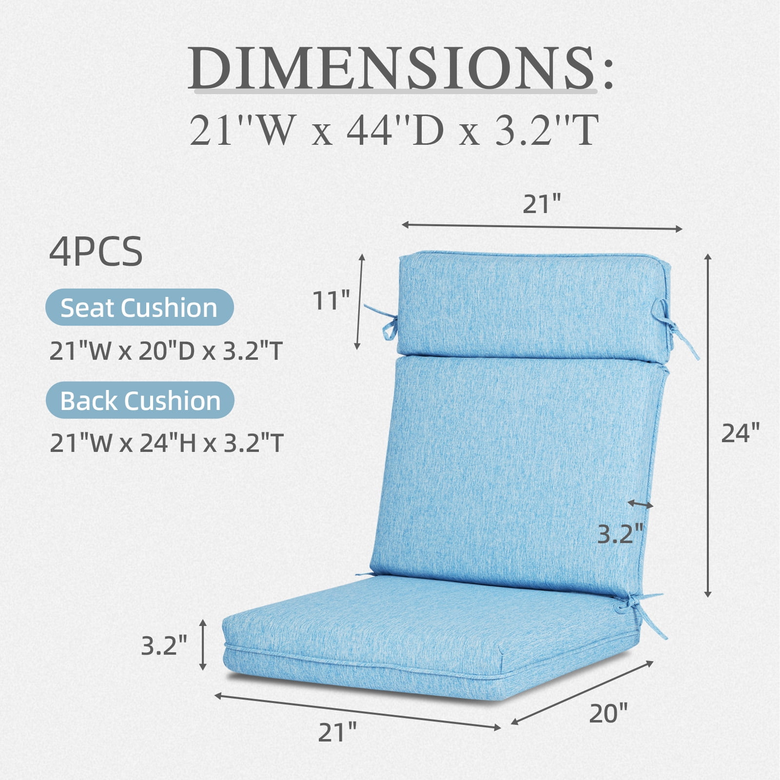 Aoodor High-Back Outdoor Dining Chair Cushion Set, Fade-Resistant Polyester Fabric, Water-Repellent TPU Coating, 44x21x3 Inches (Set of 4)