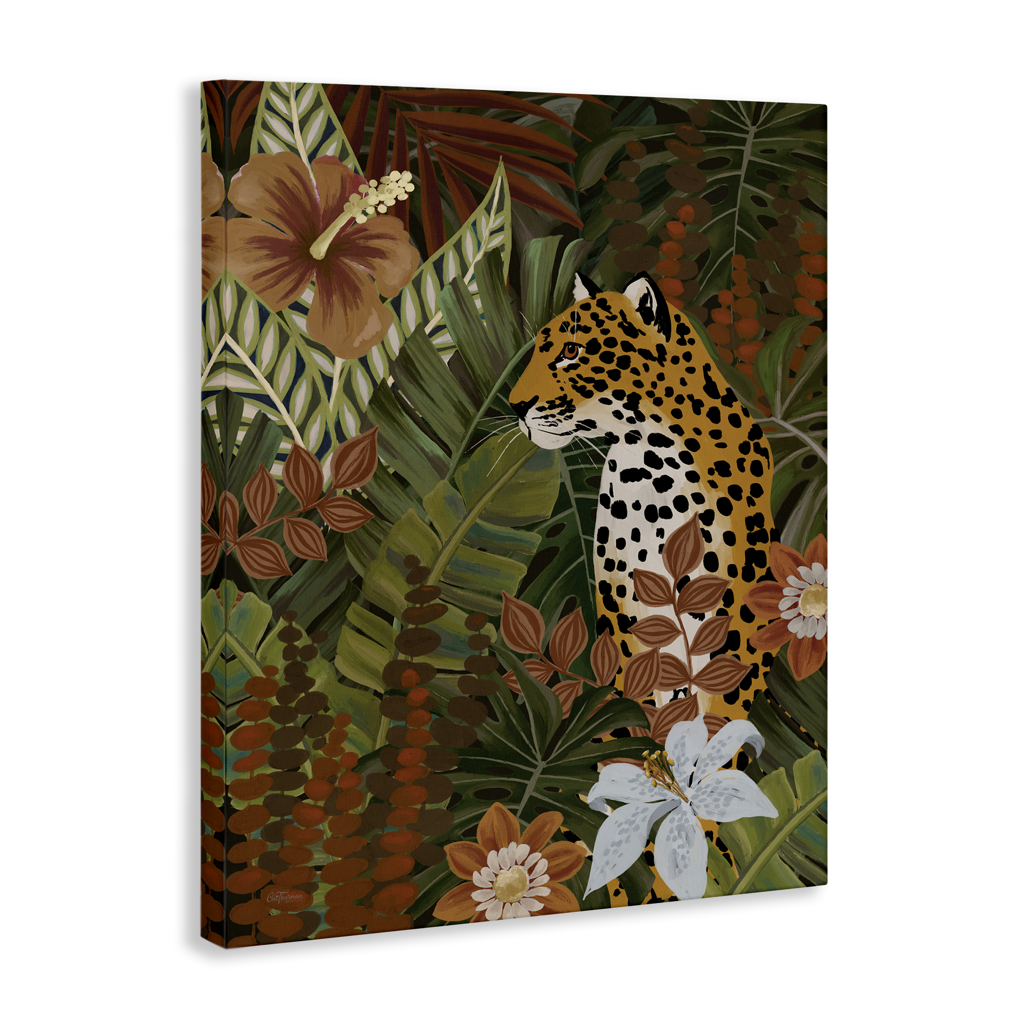 Stupell Industries Hibiscus Jungle Leopard Animals Painting Wrapped Canvas Art Print Wall Art, 30 x 40
