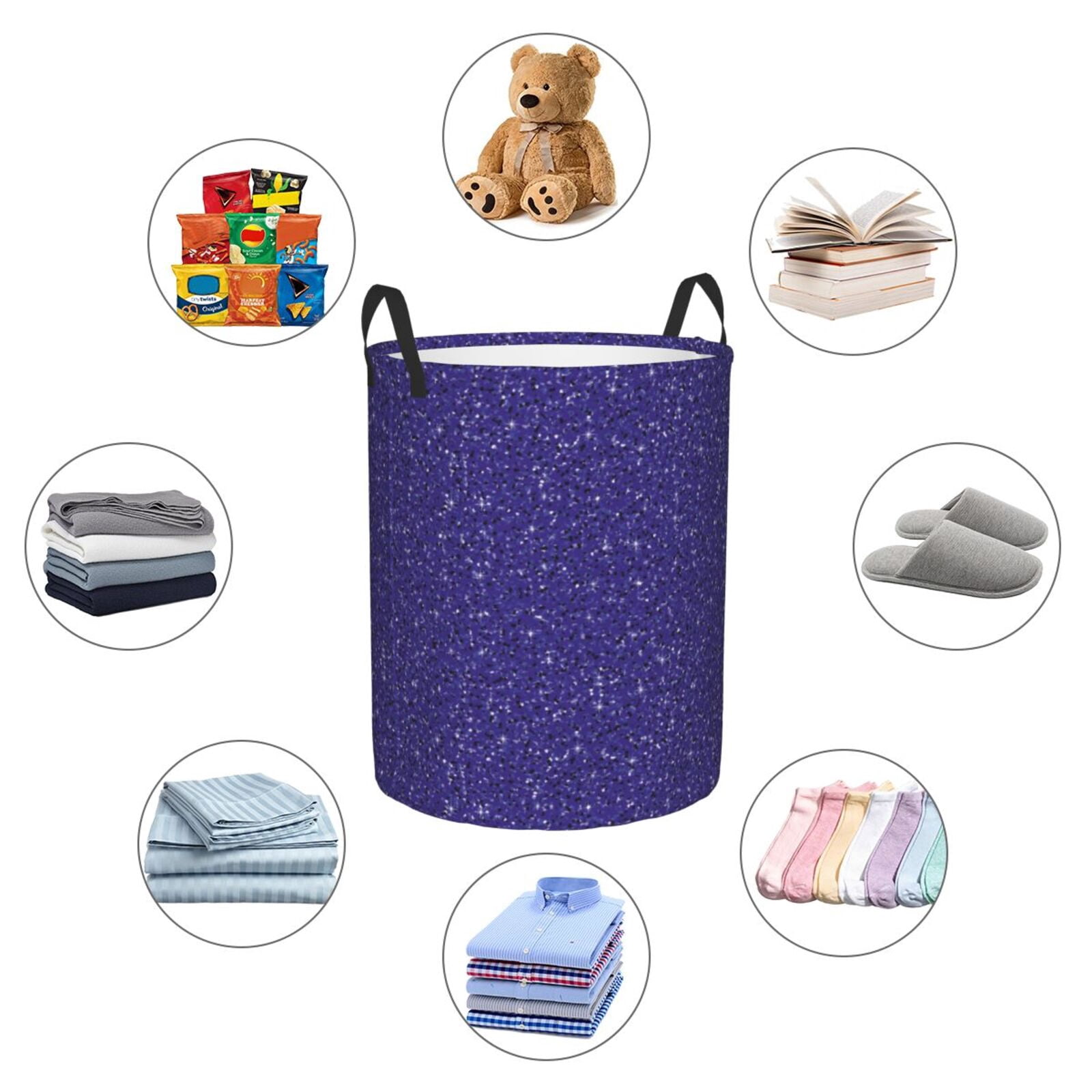 Large Laundry Basket with Handles - Deep Purple Glitter Pattern Kids Baby Dirty Clothes Laundry Hamper for Bedroom Aesthetic