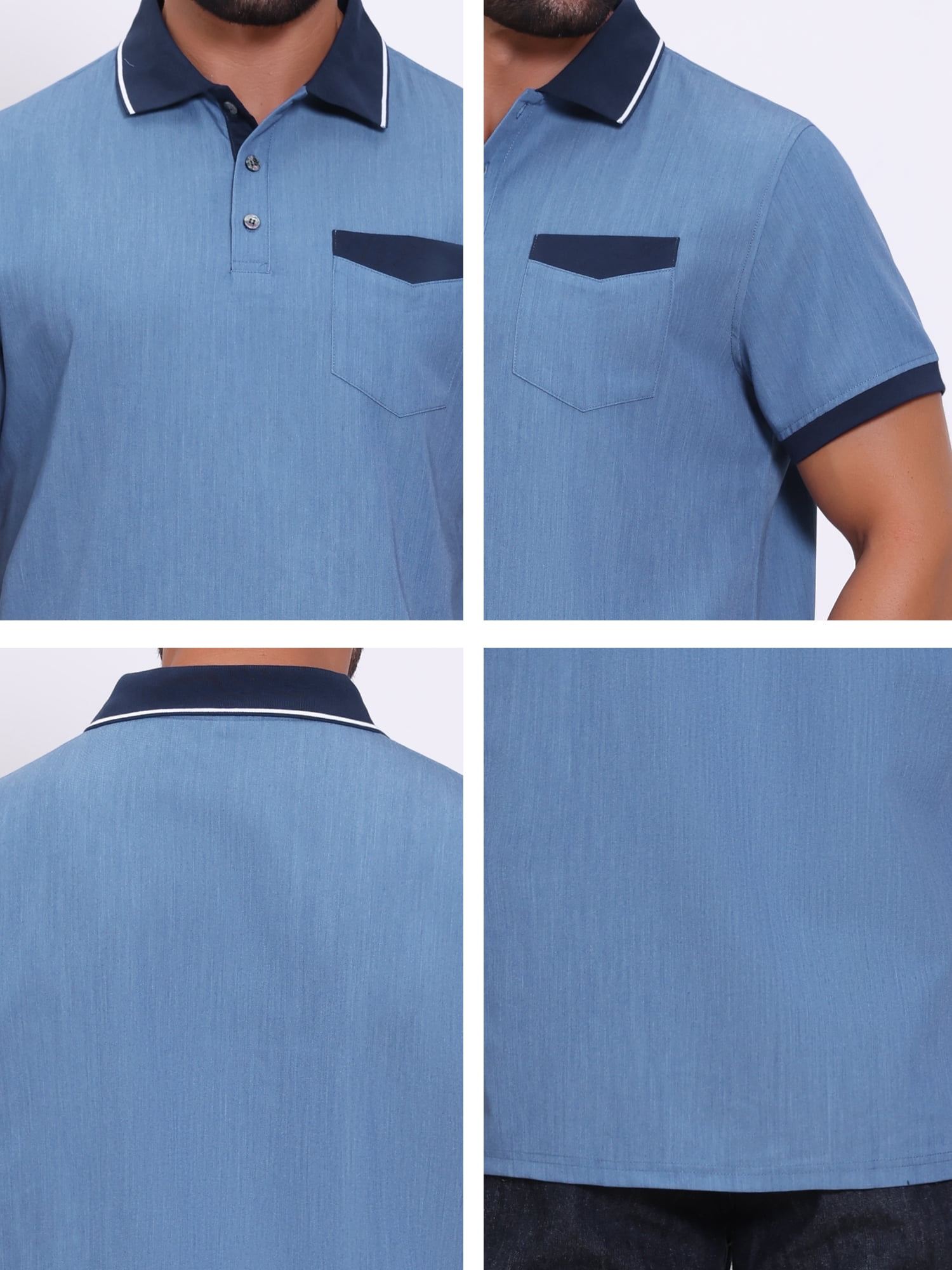 DARING DIVA Men's Short Sleeve Western Retro Stretch Color-Block Polo Shirts S Blue