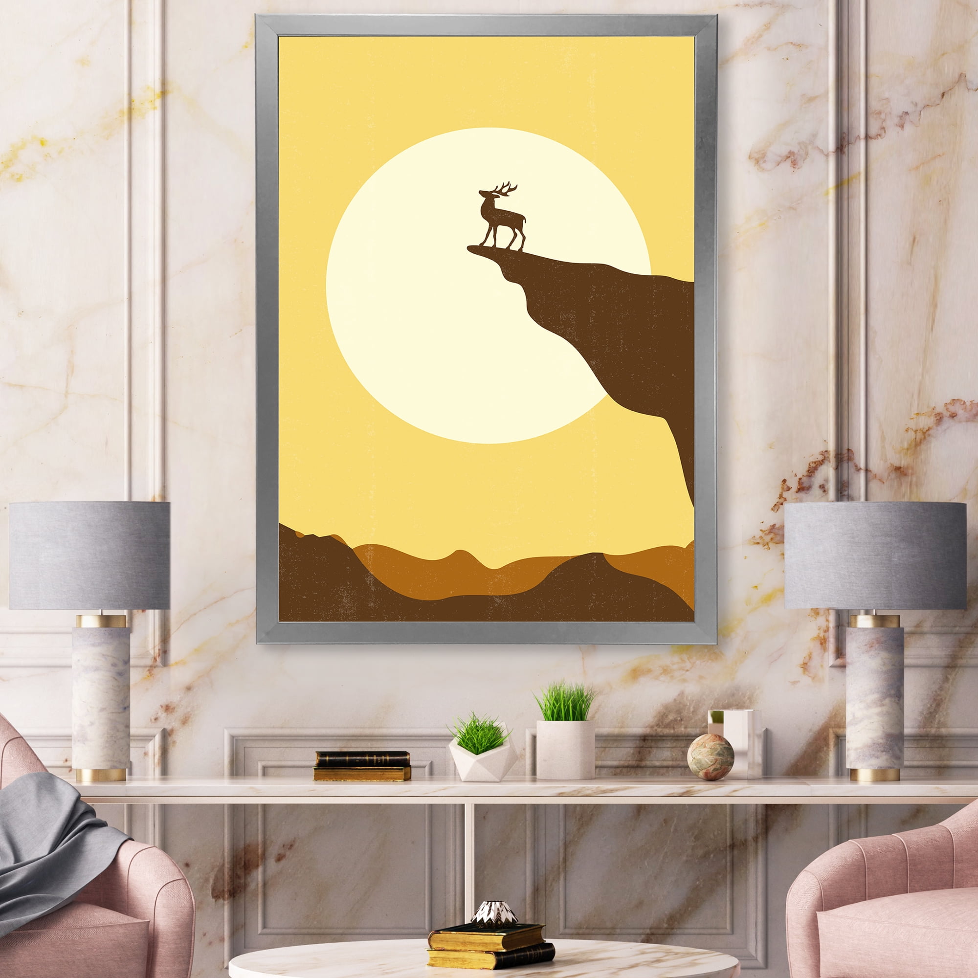 Designart 'Minimalistic Deer At Sunset On Mountain Top' Lake House Framed Art Print
