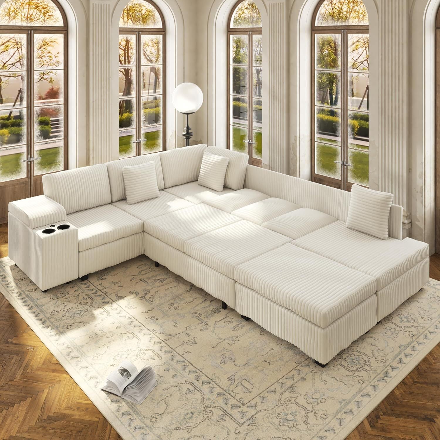 Sectional Sleeper Sofa with Pull Out Bed,110" L-Shaped Modular 6-Seater Cloud Sectional Couch,Convertible Corduroy Sofa for Living Room,Ottoman with USB Charging Ports & Cup Holders,Beige