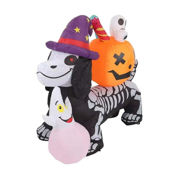 Decoración inflable de Halloween de 1,6 m con forma de cachorro esqueleto grande y LED incorporado para ambiente festivo, patio, interior y exterior.