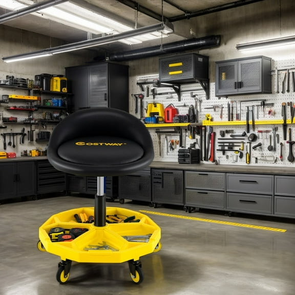 GVN 20 Inch-25 Inch Height Adjustable Rolling Garage Stool with Tool Tray Storage-Yellow