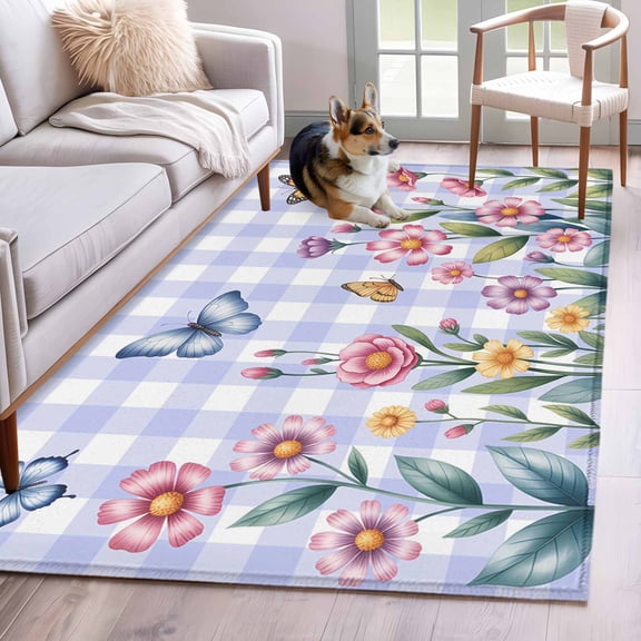 Area Rugs for Living Room Bedroom, Pink Flowers 4'x6' Rug Washable Carpet Runner Indoor Outdoor, Spring Floral Butterfly Leaves Plants Blue Plaid Non Slip Accent Floor Mats Rug for Kitchen, Office