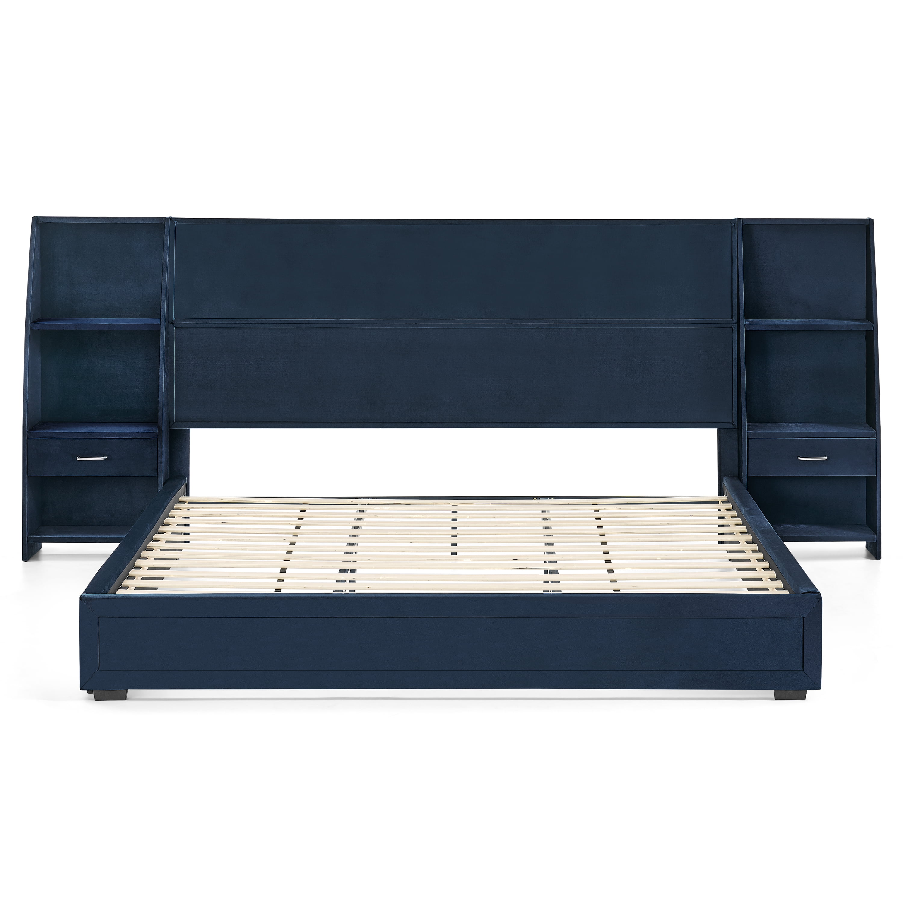 King Size Platform Bed Frame with Glossy Velvet Headboard, Side Bookcases & Drawer