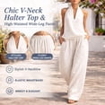 thumbnail image 3 of Linen Sets for Women 2 Piece,Sleeveless V Neck Halter Top Matching Baggy Wide Leg Pants Set, Summer Casual Lounge Outfit, 3 of 7