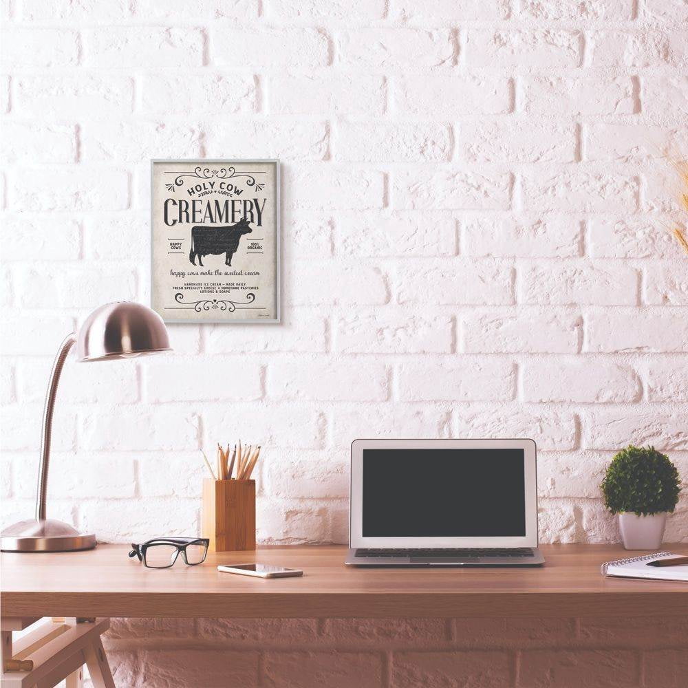 Stupell Industries Creamery Cow Rustic Farm Textured Word Design Gray Farmhouse Rustic Framed Giclee Texturized Art by Stephanie Workman Marrott