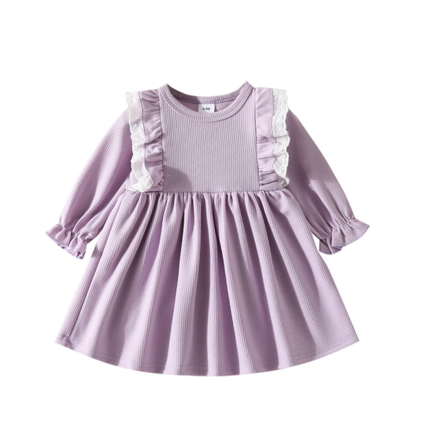 Vestido de manga larga con cuello redondo para niña, color liso, cuello redondo, manga A, con volantes, para bebés y niños pequeños, vestido informal de poliéster para niña.