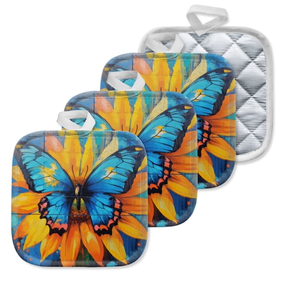 4 Pack Pot Holders,Kitchen Essential, Potholder Set,Blue Butterfly Resting On A Sunflower