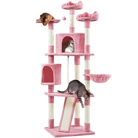 Yaheetech 79 Multilevel Cat Tree Tower with 2 Condos & Basket & Scratching Posts & Ramp Pink