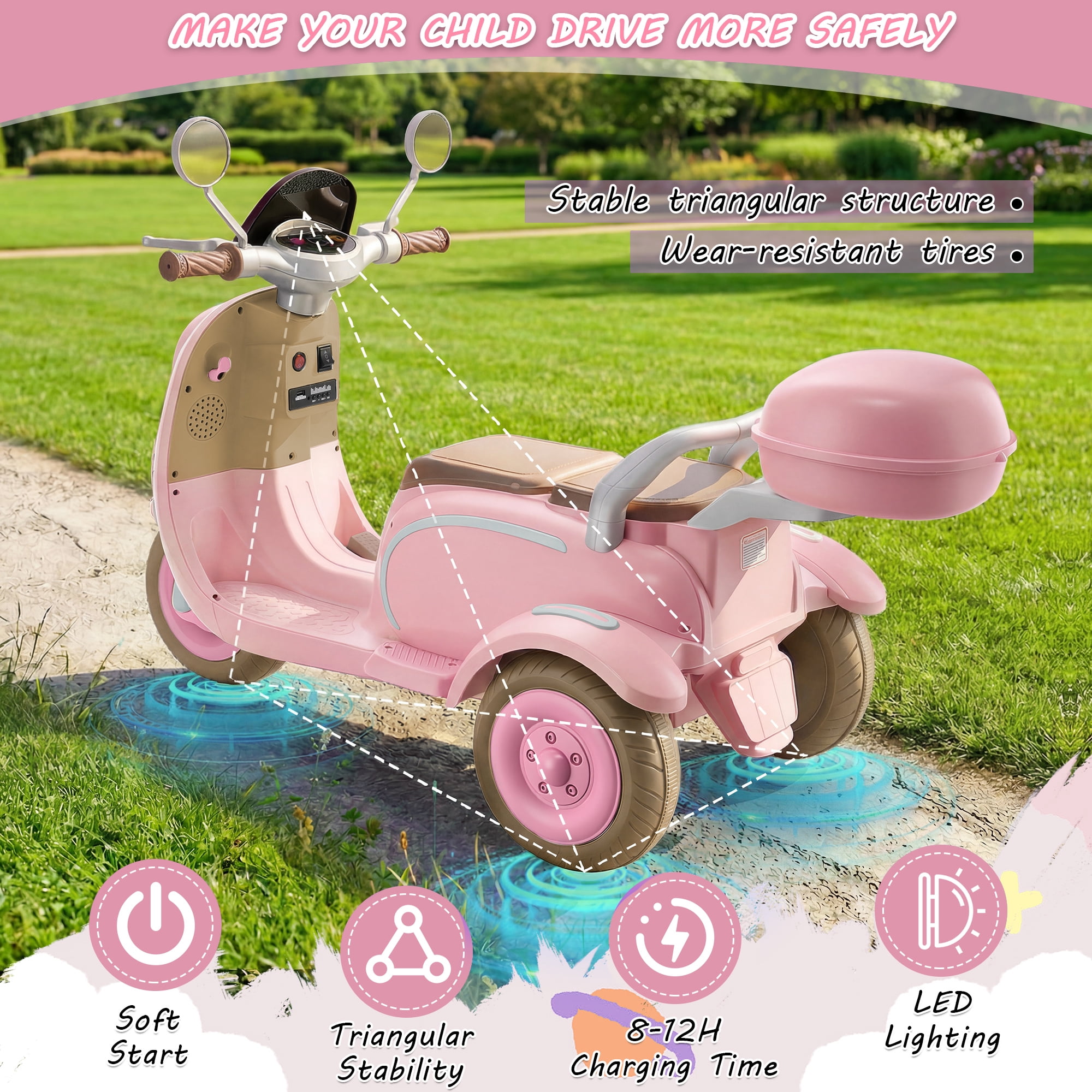 Farmdex 12V Kids Electric Motorcycle, 2 Seater Ride on Toys, 3 Wheel Ride on Motorcycle with Storage Box, USB, Music, LED Lights, Age 2+, Pink