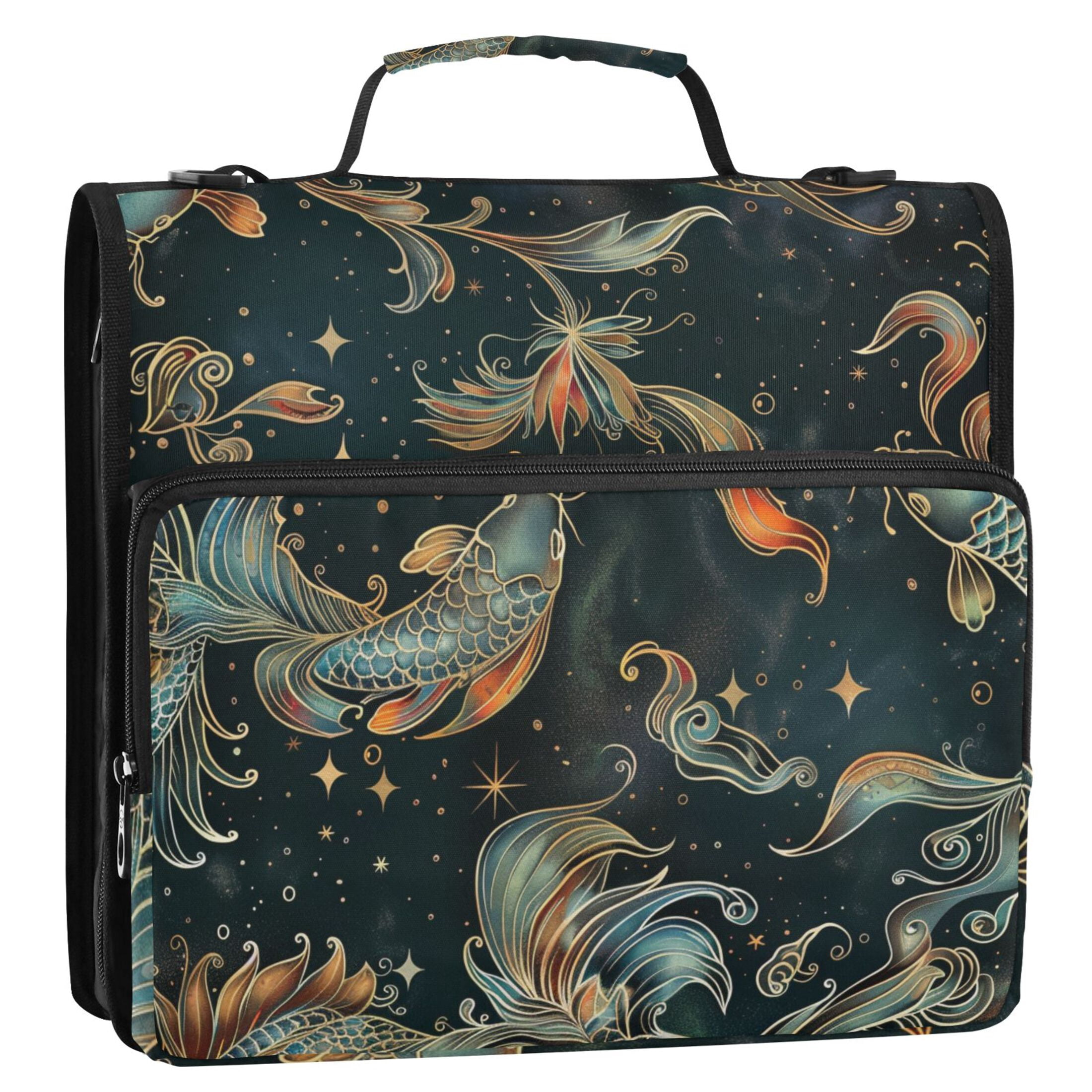 3 Ring Zipper Binder with Shoulder Strap Waterproof Trapper Keeper 2 Inch D-Ring 500 Sheets Capacity Fishes and Star