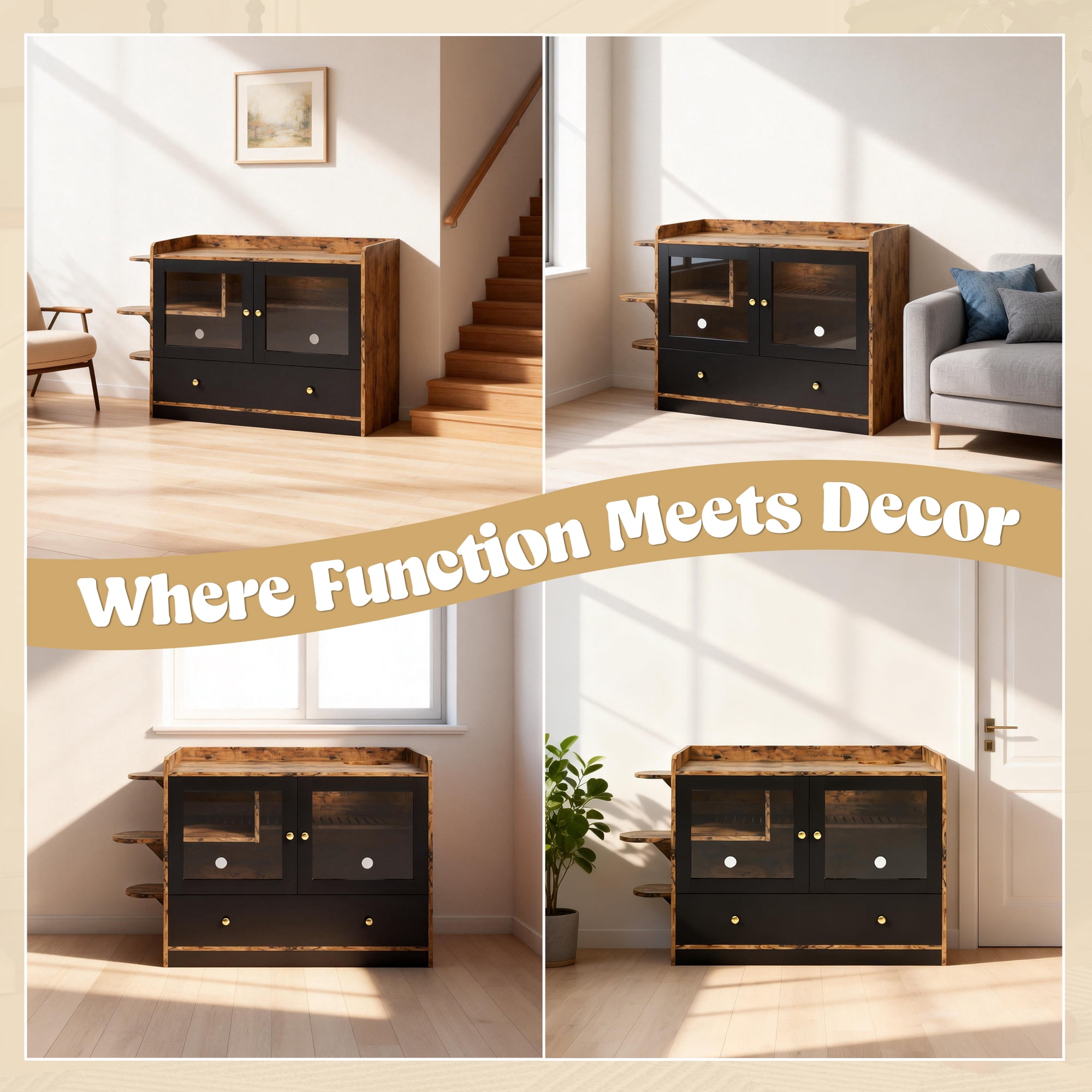 43'' Hidden Cat Litter Box Wooden Furniture Enclosure with Drawer and Stairs Washroom for Bedroom