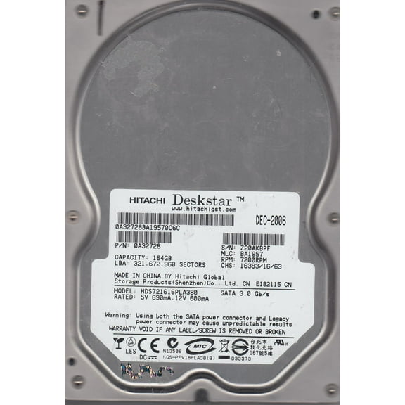 HDS721616PLA380, PN 0A32728, MLC BA1957, Hitachi 164GB SATA 3.5 Hard Drive