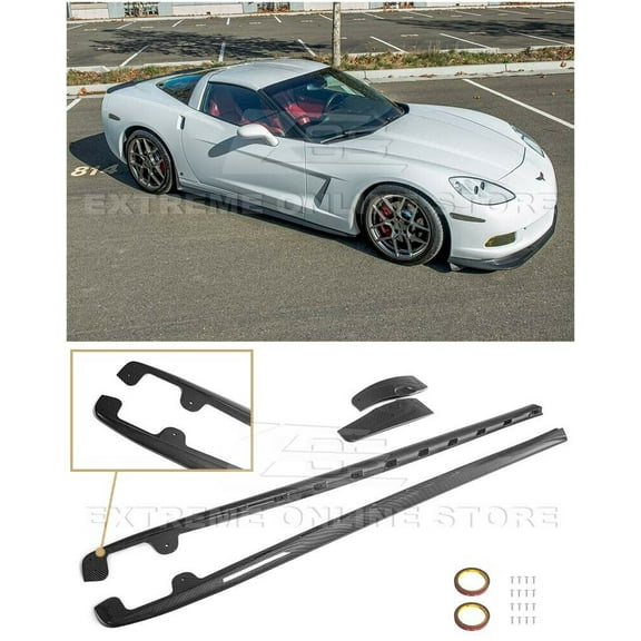 Replacement For 2005-2013 Chevrolet Corvette C6 Base Models | ZR1 Style ABS Plastic - Hydro Dipped Carbon Fiber Side Skirts Rocker Panels Extension With Mud Flaps Pair