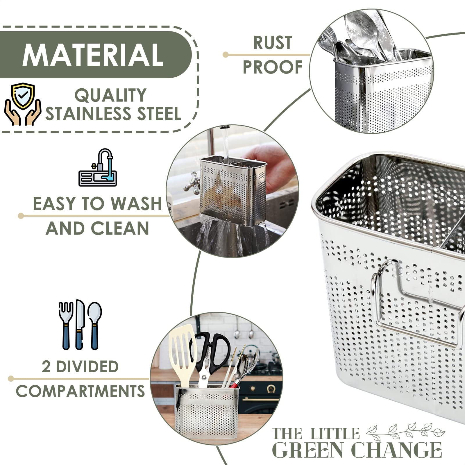 Kitchen Utensils Chopsticks Holder Drying Rack Basket With Hooks 2 Divided Compartments Quality Stainless Steel Large L5.4 X H4.3 W2.6