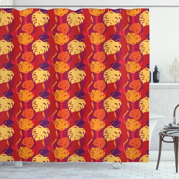 Monstera Leaf Shower Curtain, Exotic Plant Leaves with Warm Colored Background Hawaiian Foliage Silhouettes, Fabric Bathroom Set with Hooks, 69W X 84L Inches Extra Long, Multicolor, by Ambesonne