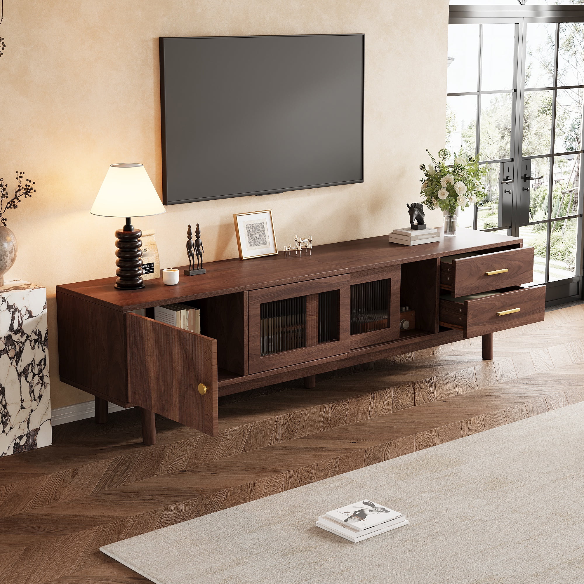 TV Stand for TVs up to 80 Inch, Entertainment Center with Glass Sliding Doors & 2 Drawers, Mid-Century Modern Media Console for Living Room
