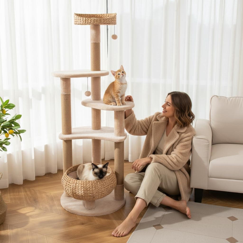 WSWJY Modern Cat Tree, 65 Inch Tall Cat Tower with Jute Scratching Posts, Dangling Balls, Cattail Basket Bed & Top Perch, Removable & Washable Cushions, Aesthetic Cat Tree for Indoor Cats