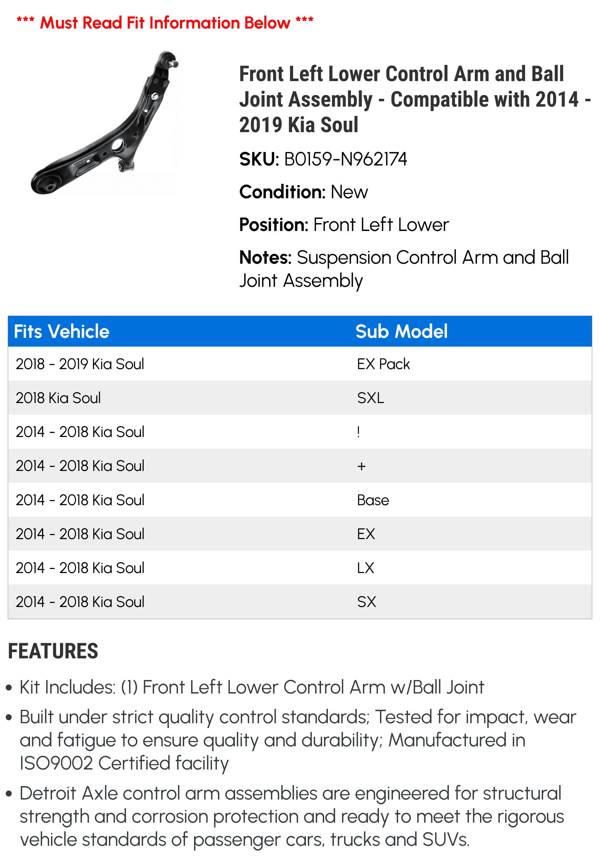 Front Left Lower Control Arm and Ball Joint Assembly - Compatible with 2014 - 2019 Kia Soul 2015 2016 2017 2018